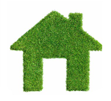 3 boyutlu illüstrasyon, Yeşil Çim ev simgesi. Beyaz arkaplanda eko ev simgesi izole edildi. Yeşil çimen dokusu ikonu. Ekoloji simgeleri.