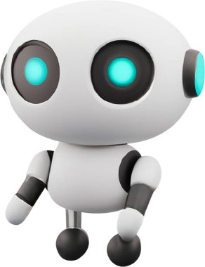 Üç boyutlu illüstrasyon. Robot sohbet robotu logosu gerçekçi tasarımı. Beyaz arka planda izole edilmiş. Şirin AI Robot Asistanı Maskot Karakteri Çizgi Film Simgesi İş Asistanı.