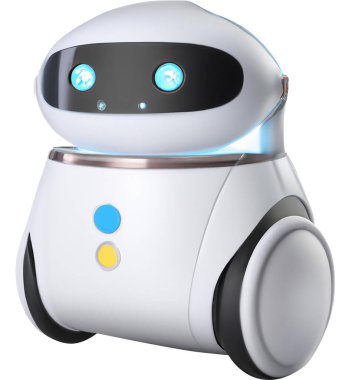 Üç boyutlu illüstrasyon. Robot sohbet robotu logosu gerçekçi tasarımı. Beyaz arka planda izole edilmiş. Şirin AI Robot Asistanı Maskot Karakteri Çizgi Film Simgesi İş Asistanı.