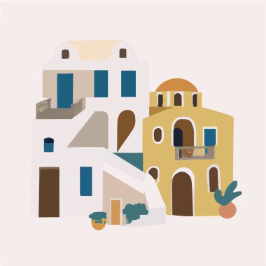 Santorini Adası, Yunanistan. Vektör düz resimleme.