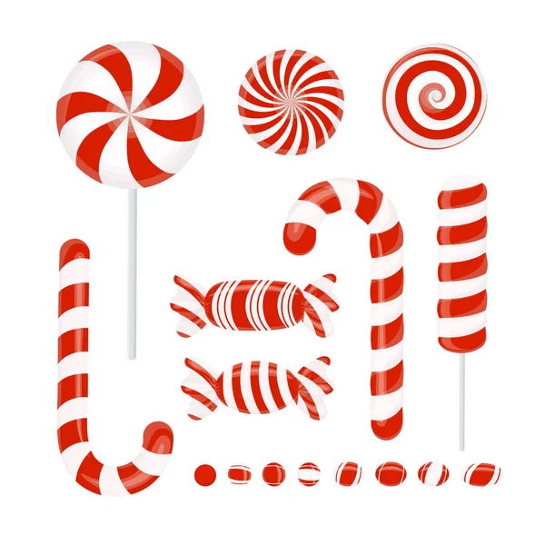 Rotes Bonbonset Vorhanden Weihnachtsbonbons Karamell Lutscher Lutscher Vector Design Element — Stockvektor