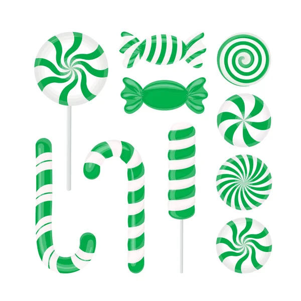 Набір Зелених Цукерок Caramel Lollipop Lollipop Смугасті Цукерки Білому Тлі — стоковий вектор