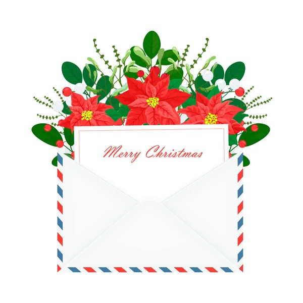 Envelope de Natal com uma carta festiva com flores poinsettia. — Vetor de Stock