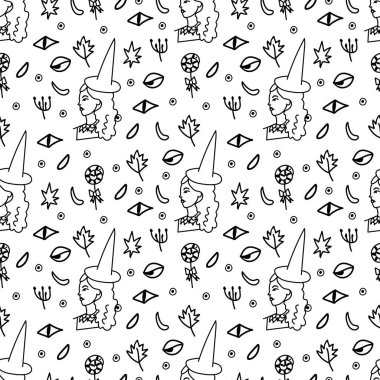 Cadılar Bayramı için şeffaf arka planda siyah çizgileri olan kusursuz bir şablon. Korkutucu, korku karalama tarzı baskı. Kağıt, ambalaj, tekstil, boyama sayfaları, duvar kağıtları için tasarım..