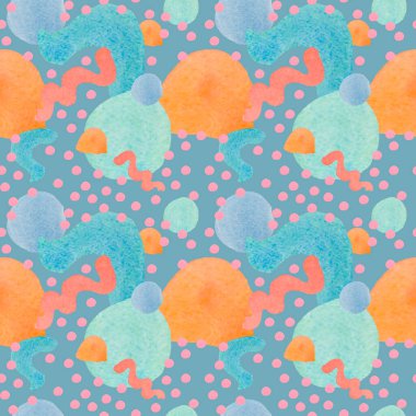 İzole edilmiş arka plan üzerinde soyut şekillere sahip sulu boya deseni. Karalama biçiminde polka nokta baskısı. Kağıt, ambalaj kağıdı, tekstil, arkaplan, duvar kağıdı, albüm kağıdı için tasarım..