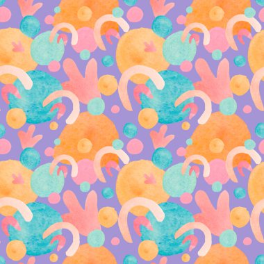 İzole edilmiş Kozmik İris arkaplanı üzerinde soyut şekillere sahip suluboya deseni. Karalama tarzında polka nokta baskısı. Kağıt, ambalaj, tekstil, arkaplan, duvar kağıdı, hatıra defteri kağıdı için tasarım..