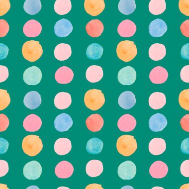 İzole edilmiş arkaplanda soyut şekillere sahip sulu boya deseni. Karalama stilinde polka nokta baskısı. Kağıt, ambalaj, tekstil, kumaş, arkaplan, duvar kağıdı, albüm kağıdı için tasarım..