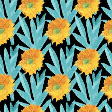 Sarı Ayçiçeği ve Turkuaz yapraklı suluboya desen siyah izole arkaplanda. Çiçek, sonbahar el boyası. Paketleme, tekstil, kumaş, arka plan, duvar kağıdı, albüm kağıdı için tasarım..