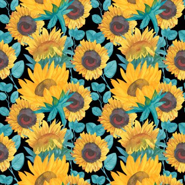 Sarı Ayçiçeği ve Turkuaz yapraklı suluboya desen siyah izole arkaplanda. Çiçek, sonbahar el boyası. Paketleme, tekstil, kumaş, arka plan, duvar kağıdı, albüm kağıdı için tasarım..