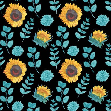 Sarı Ayçiçeği ve Turkuaz yapraklı suluboya desen siyah izole arkaplanda. Çiçek, sonbahar el boyası. Paketleme, tekstil, kumaş, arka plan, duvar kağıdı, albüm kağıdı için tasarım..