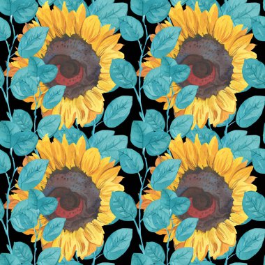Sarı Ayçiçeği ve Turkuaz yapraklı suluboya desen siyah izole arkaplanda. Çiçek, sonbahar el boyası. Paketleme, tekstil, kumaş, arka plan, duvar kağıdı, albüm kağıdı için tasarım..