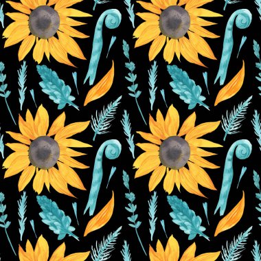 Sarı Ayçiçeği ve Turkuaz yapraklı suluboya desen siyah izole arkaplanda. Çiçek, sonbahar el boyası. Paketleme, tekstil, kumaş, arka plan, duvar kağıdı, albüm kağıdı için tasarım..