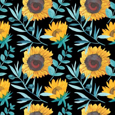 Sarı Ayçiçeği ve Turkuaz yapraklı suluboya desen siyah izole arkaplanda. Çiçek, sonbahar el boyası. Paketleme, tekstil, kumaş, arka plan, duvar kağıdı, albüm kağıdı için tasarım..