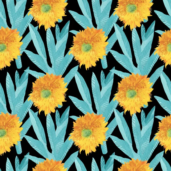 Sarı Ayçiçeği ve Turkuaz yapraklı suluboya desen siyah izole arkaplanda. Çiçek, sonbahar el boyası. Paketleme, tekstil, kumaş, arka plan, duvar kağıdı, albüm kağıdı için tasarım..