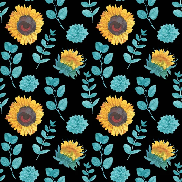 Sarı Ayçiçeği ve Turkuaz yapraklı suluboya desen siyah izole arkaplanda. Çiçek, sonbahar el boyası. Paketleme, tekstil, kumaş, arka plan, duvar kağıdı, albüm kağıdı için tasarım..