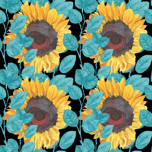 Sarı Ayçiçeği ve Turkuaz yapraklı suluboya desen siyah izole arkaplanda. Çiçek, sonbahar el boyası. Paketleme, tekstil, kumaş, arka plan, duvar kağıdı, albüm kağıdı için tasarım..