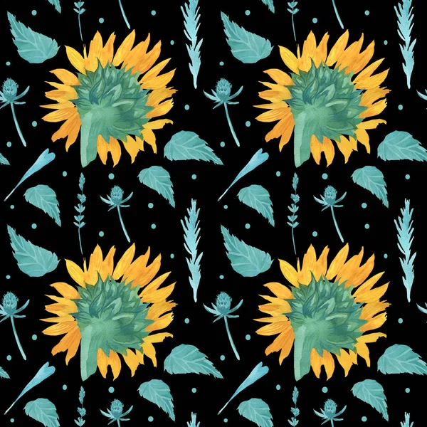 Watercolor seamless pattern with Yellow Sunflower and Turquoise Leaves on black isolated background.Floral,Autumn hand painted.Design for packaging,textiles,fabric,backdrop,wallpaper,scrapbook paper.