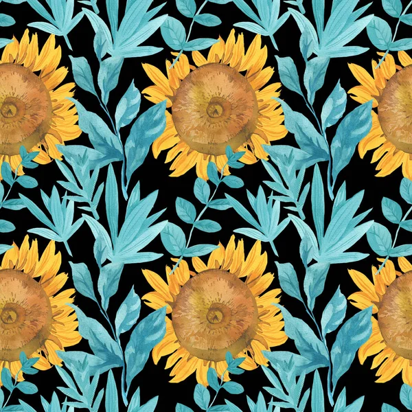 Sarı Ayçiçeği ve Turkuaz yapraklı suluboya desen siyah izole arkaplanda. Çiçek, sonbahar el boyası. Paketleme, tekstil, kumaş, arka plan, duvar kağıdı, albüm kağıdı için tasarım..
