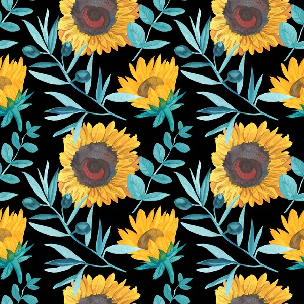 Sarı Ayçiçeği ve Turkuaz yapraklı suluboya desen siyah izole arkaplanda. Çiçek, sonbahar el boyası. Paketleme, tekstil, kumaş, arka plan, duvar kağıdı, albüm kağıdı için tasarım..