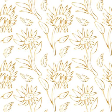 Beyaz yalıtılmış arka planda altın çizgili bahçe çiçekleri olan kusursuz bir desen. Çiçek desenli el boyası. Ambalaj kağıdı, ambalaj, tekstil, kumaş, perde arkası, duvar kâğıdı, yapıştırma defteri için tasarım..