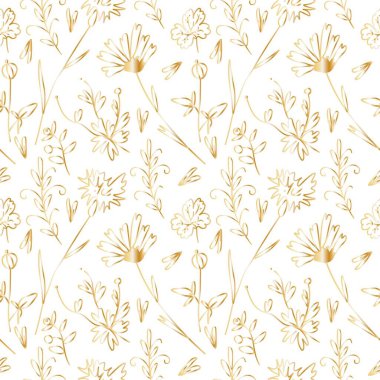 Beyaz yalıtılmış arka planda altın çizgili bahçe çiçekleri olan kusursuz bir desen. Çiçek desenli el boyası. Ambalaj kağıdı, ambalaj, tekstil, kumaş, perde arkası, duvar kâğıdı, yapıştırma defteri için tasarım..