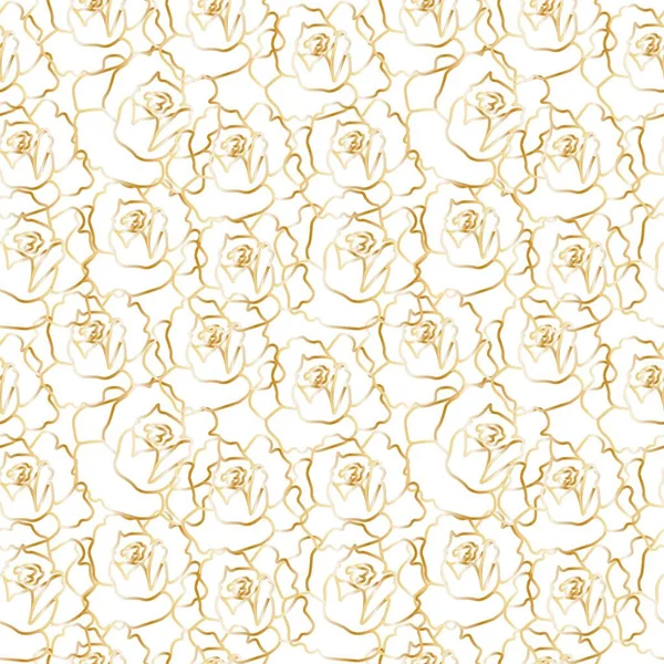 Beyaz yalıtılmış arka planda altın çizgili bahçe çiçekleri olan kusursuz bir desen. Çiçek desenli el boyası. Ambalaj kağıdı, ambalaj, tekstil, kumaş, perde arkası, duvar kâğıdı, yapıştırma defteri için tasarım..