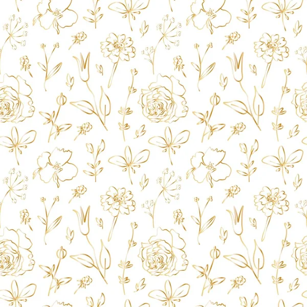 Beyaz yalıtılmış arka planda altın çizgili bahçe çiçekleri olan kusursuz bir desen. Çiçek desenli el boyası. Ambalaj kağıdı, ambalaj, tekstil, kumaş, perde arkası, duvar kâğıdı, yapıştırma defteri için tasarım..
