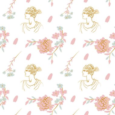 Eski Yunanistan 'ın düz pastel renkleri ve şeffaf arkaplan üzerinde altın çizgisi olan kusursuz vektör deseni. Tekstil, kumaş, ambalaj kağıdı, yapıştırma kağıdı, albüm defteri için sevimli, antika el çizimi tasarımı..