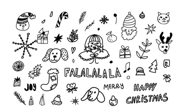 Vector Illustration Set Christmas Doodle Style Black Line Transparan Background — Stok Vektör