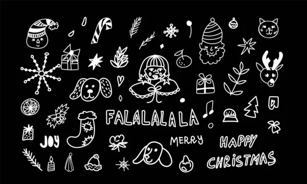 Vector Illustration Set Christmas Doodle Style White Line Black Background — 스톡 벡터