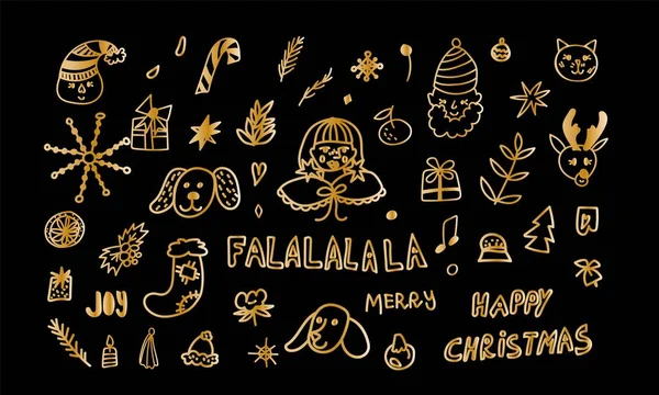 Vector Illustration Set Christmas Doodle Style Golden Line Black Background — 스톡 벡터