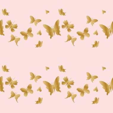 Yumuşak pembe arka planda altın kelebekli kusursuz vektör deseni. Tekrarlıyorum, yaz, karalama stilinde narin el yazısı. Tekstil, kumaş, ambalaj kağıdı, yapıştırma kağıdı, ambalaj kağıdı için tasarım..
