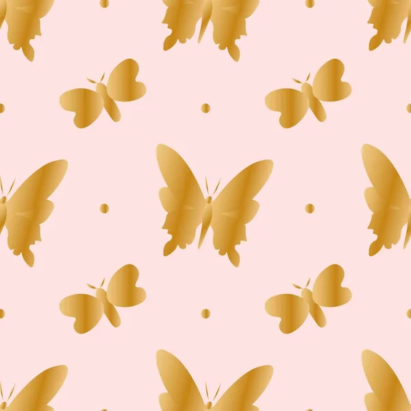 Nahtloses Vektormuster Mit Goldenen Schmetterlingen Auf Weichem Rosa Hintergrund Wiederholender — Stockvektor