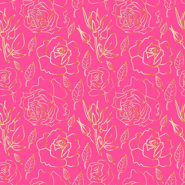 グラマラスなピンクの背景に金の花とシームレスベクトルパターン ドアスタイルで描かれた繰り返し 明るい手 ファブリック 包装紙 スクラップブック紙 包装用のデザイン — ストックベクタ
