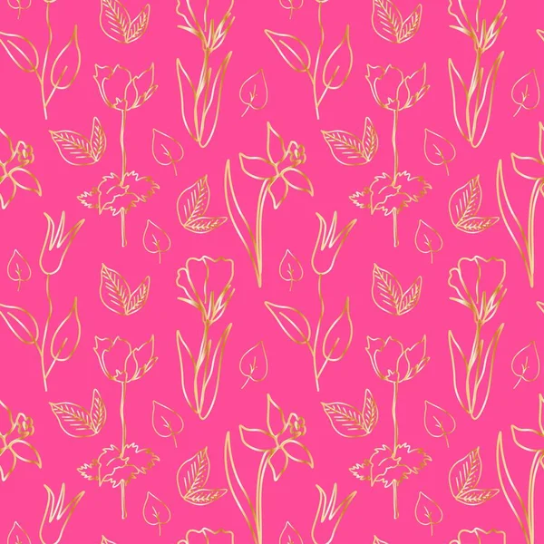 グラマラスなピンクの背景に金の花とシームレスベクトルパターン ドアスタイルで描かれた繰り返し 明るい手 ファブリック 包装紙 スクラップブック紙 包装用のデザイン — ストックベクタ