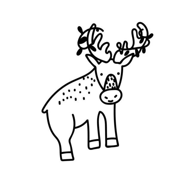 Vector Cute Polar Reindeer Hand Drawn Black Line Holiday Winter — Stock Vector
