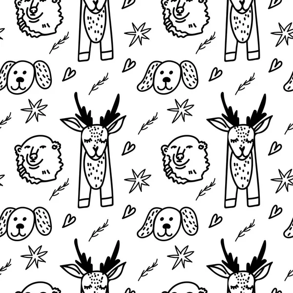 黒で描かれたトナカイとホッキョクグマの手でシームレスなベクトルパターン クリスマスは ドアスタイルで印刷を繰り返します ソーシャルメディア 包装紙 スクラップブック紙 ファブリックのためのデザイン — ストックベクタ