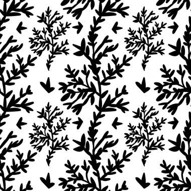 Kış botanikleri elinde siyah çizgiler olan vektörsüz desen. Karalama tarzında bitkilerle Noel tekrarlanan baskısı. Tekstil, ambalaj, sosyal medya, ambalaj kağıdı, albüm kağıdı tasarımı.
