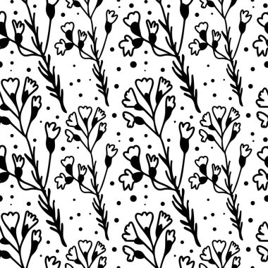 Kış botanikleri elinde siyah çizgiler olan vektörsüz desen. Karalama tarzında bitkilerle Noel tekrarlanan baskısı. Tekstil, ambalaj, sosyal medya, ambalaj kağıdı, albüm kağıdı tasarımı.