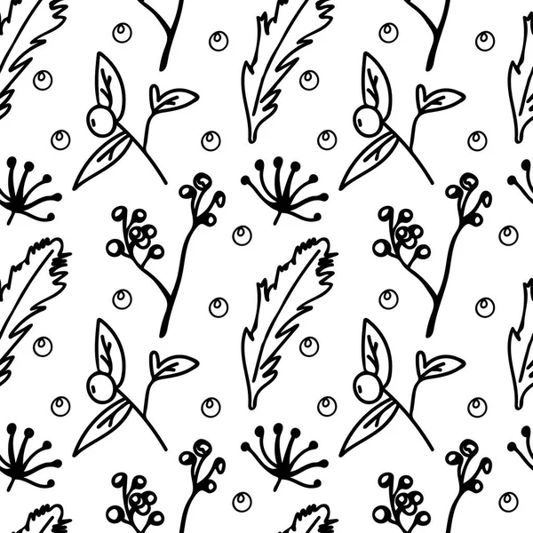 Modèle Vectoriel Sans Couture Avec Winter Botanicals Ligne Noire Dessinée — Image vectorielle