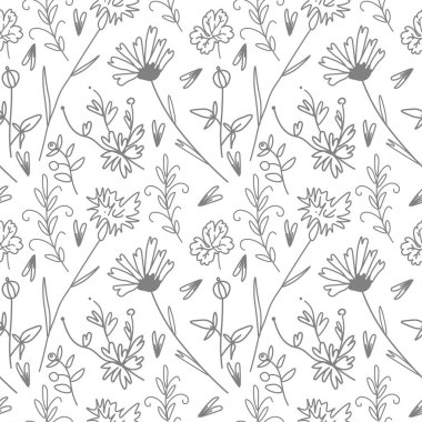 Çiçek botaniklerinin el çizimi gri çizgisinde vektörsüz desen. Çiçekler karalama tarzında bitkilerle tekrar eden baskılar. Tekstil, ambalaj, sosyal medya, ambalaj kağıdı, hatıra defteri kağıdı tasarımı.