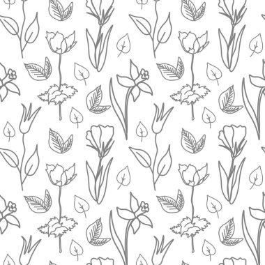 Çiçek botaniklerinin el çizimi gri çizgisinde vektörsüz desen. Çiçekler karalama tarzında bitkilerle tekrar eden baskılar. Tekstil, ambalaj, sosyal medya, ambalaj kağıdı, hatıra defteri kağıdı tasarımı.