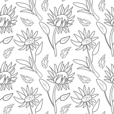 Çiçek botaniklerinin el çizimi gri çizgisinde vektörsüz desen. Çiçekler karalama tarzında bitkilerle tekrar eden baskılar. Tekstil, ambalaj, sosyal medya, ambalaj kağıdı, hatıra defteri kağıdı tasarımı.