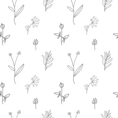 Çiçek botaniklerinin el çizimi gri çizgisinde vektörsüz desen. Çiçekler karalama tarzında bitkilerle tekrar eden baskılar. Tekstil, ambalaj, sosyal medya, ambalaj kağıdı, hatıra defteri kağıdı tasarımı.