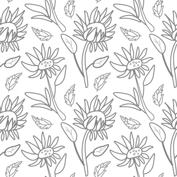 Çiçek botaniklerinin el çizimi gri çizgisinde vektörsüz desen. Çiçekler karalama tarzında bitkilerle tekrar eden baskılar. Tekstil, ambalaj, sosyal medya, ambalaj kağıdı, hatıra defteri kağıdı tasarımı.