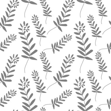 Çiçek botaniklerinin el çizimi gri çizgisinde vektörsüz desen. Çiçekler karalama tarzında bitkilerle tekrar eden baskılar. Tekstil, ambalaj, sosyal medya, ambalaj kağıdı, hatıra defteri kağıdı tasarımı.