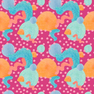 Pembe el boyalı arka planda uzay suluboya deseni var. Karalama tarzında soyut, desensel, şenlikli baskı. Tekstil, kumaş, ambalaj kağıdı, ağ, duvar kağıdı tasarımları..