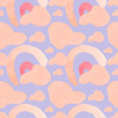 Mor elle boyanmış arka planda uzay suluboya desenleri var. Karalama tarzında soyut, desensel, şenlikli baskı. Tekstil, kumaş, ambalaj kağıdı, ağ, duvar kağıdı tasarımları..