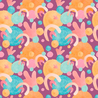 Mor elle boyanmış arka planda uzay suluboya desenleri var. Karalama tarzında soyut, desensel, şenlikli baskı. Tekstil, kumaş, ambalaj kağıdı, ağ, duvar kağıdı tasarımları..