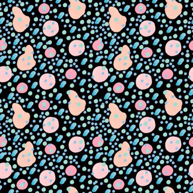 Siyah el boyalı arka planda uzay suluboya desenleri var. Karalama tarzında soyut, desensel, şenlikli baskı. Tekstil, kumaş, ambalaj kağıdı, ağ, duvar kağıdı tasarımları..